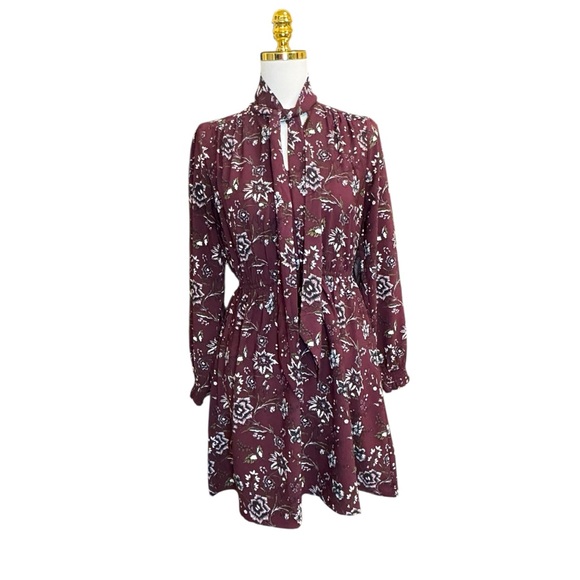 LOFT Dresses & Skirts - LOFT Floral Tie Neck Mini Dress XS Burgundy Long Sleeve